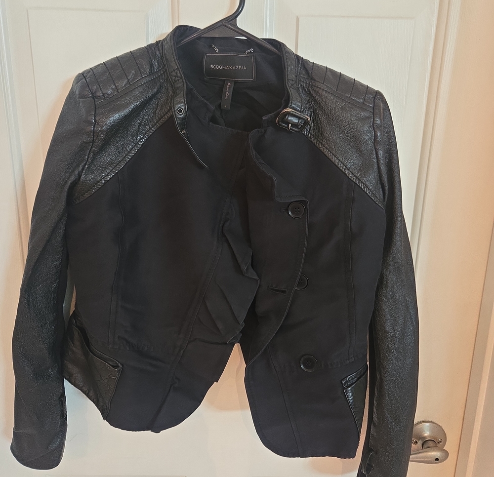 BCBGMaxAzria Black Mixed-Material Moto Blazer